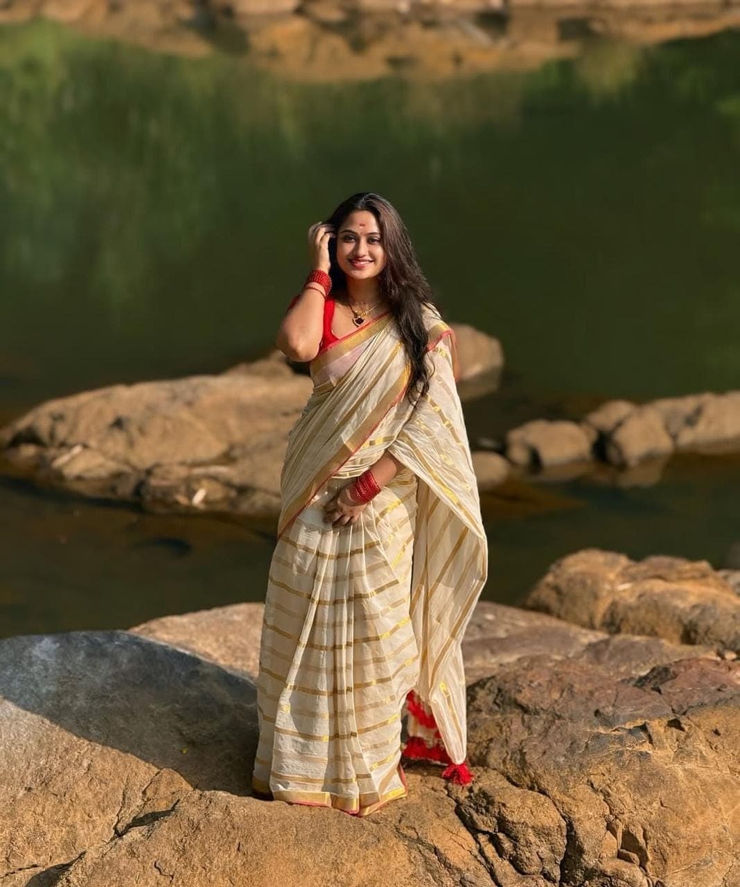 Riverside Reverie saree, worn by a model