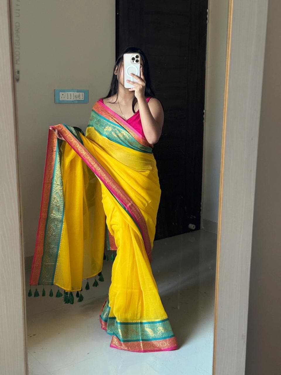 Marigold Morning saree, worn by a model